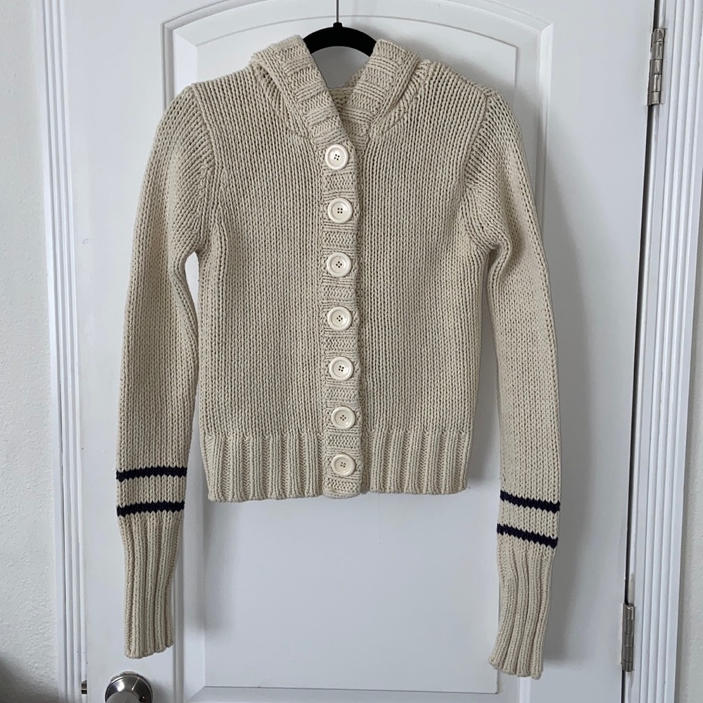 Moth Cream Hooded Button-Up Cardigan with Navy Stripe Detail